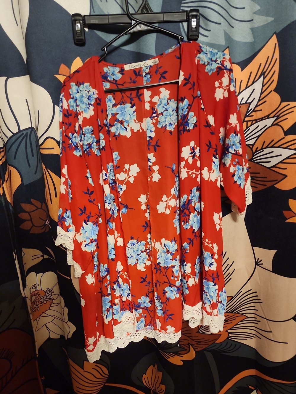 Liberty Love Red Floral Open Cardigan with Blue Blossoms